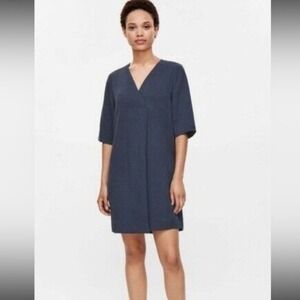COS Navy Blue Textured Cupro V-Neck Shift Dress with Pockets Size 4